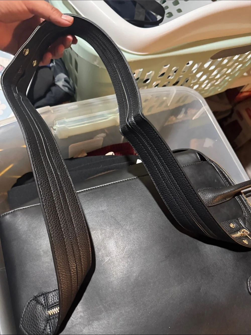 a new day Black Leather Backpack with Gold Zipper Accent